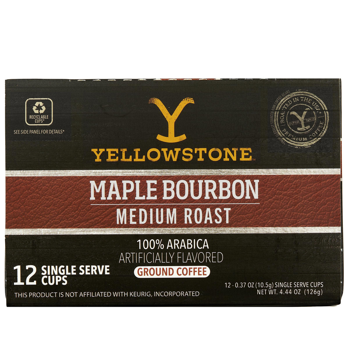 Yellowstone Maple Bourbon Medium Roast Coffee, Single Serve Recyclable Pods/Cups, 100% Arabica Beans, 12 Count