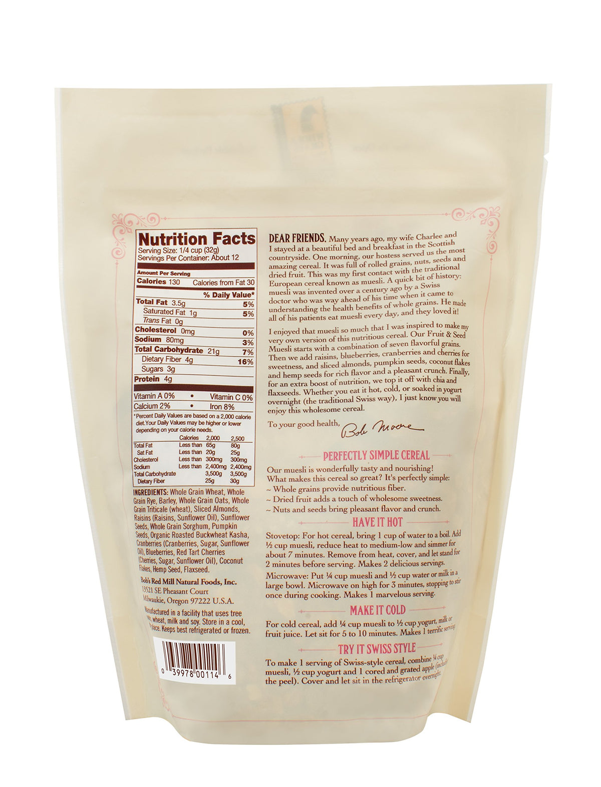 Bob's Red Mill Fruit & Seed Muesli, 14oz (Pack of 4) - Non GMO, Whole Grain, Kosher