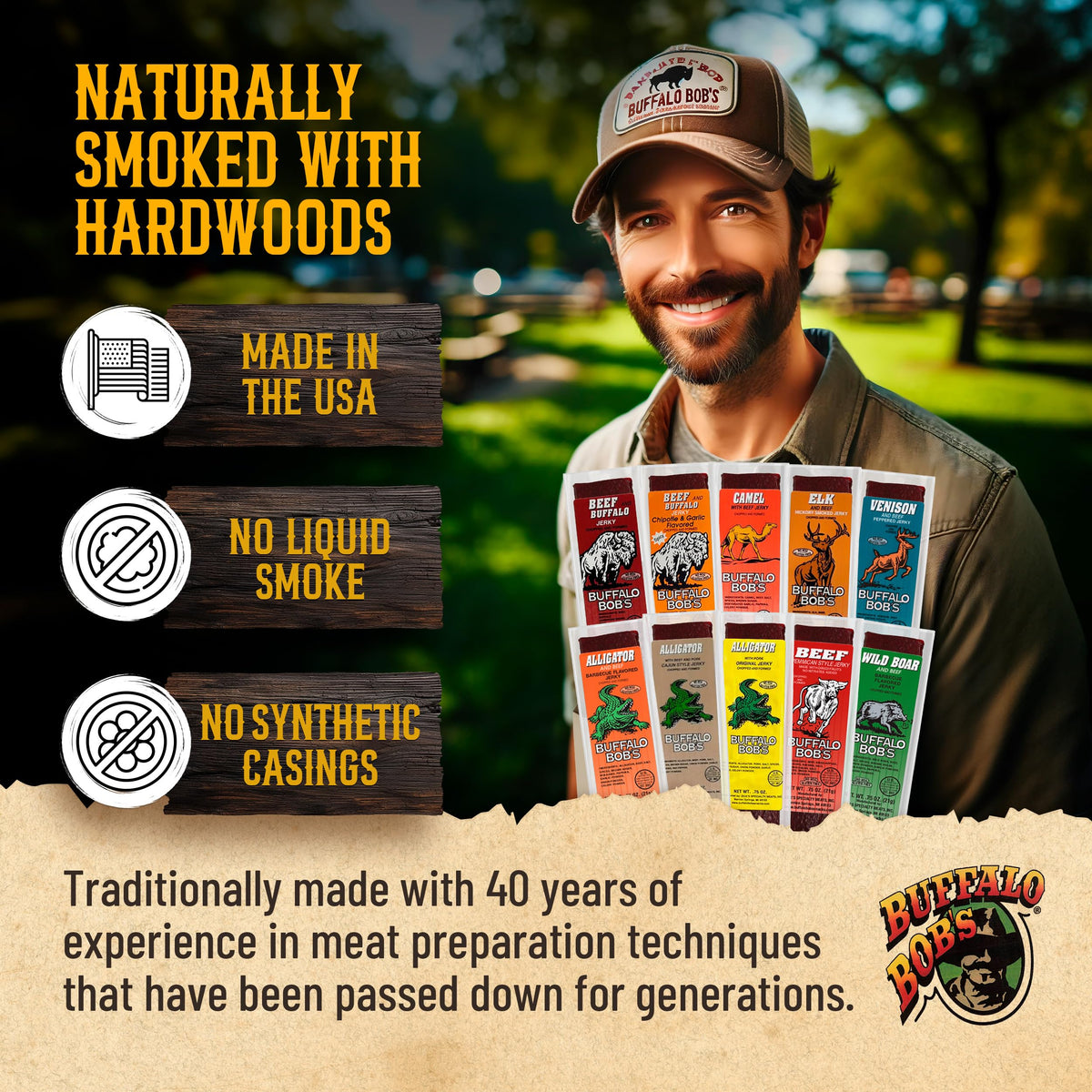 Buffalo Bob's Exotic Jerky (10-Pack), 10 Flavor Variety Pack of Snack Sticks, Wild Game Beef Gifts for Men
