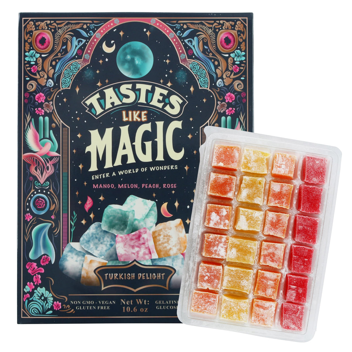 Tastes Like Magic Turkish Delight, Mix Fruit Mango Melon Peach Rose Flavors, Vegan Gluten Free, 10.6 oz