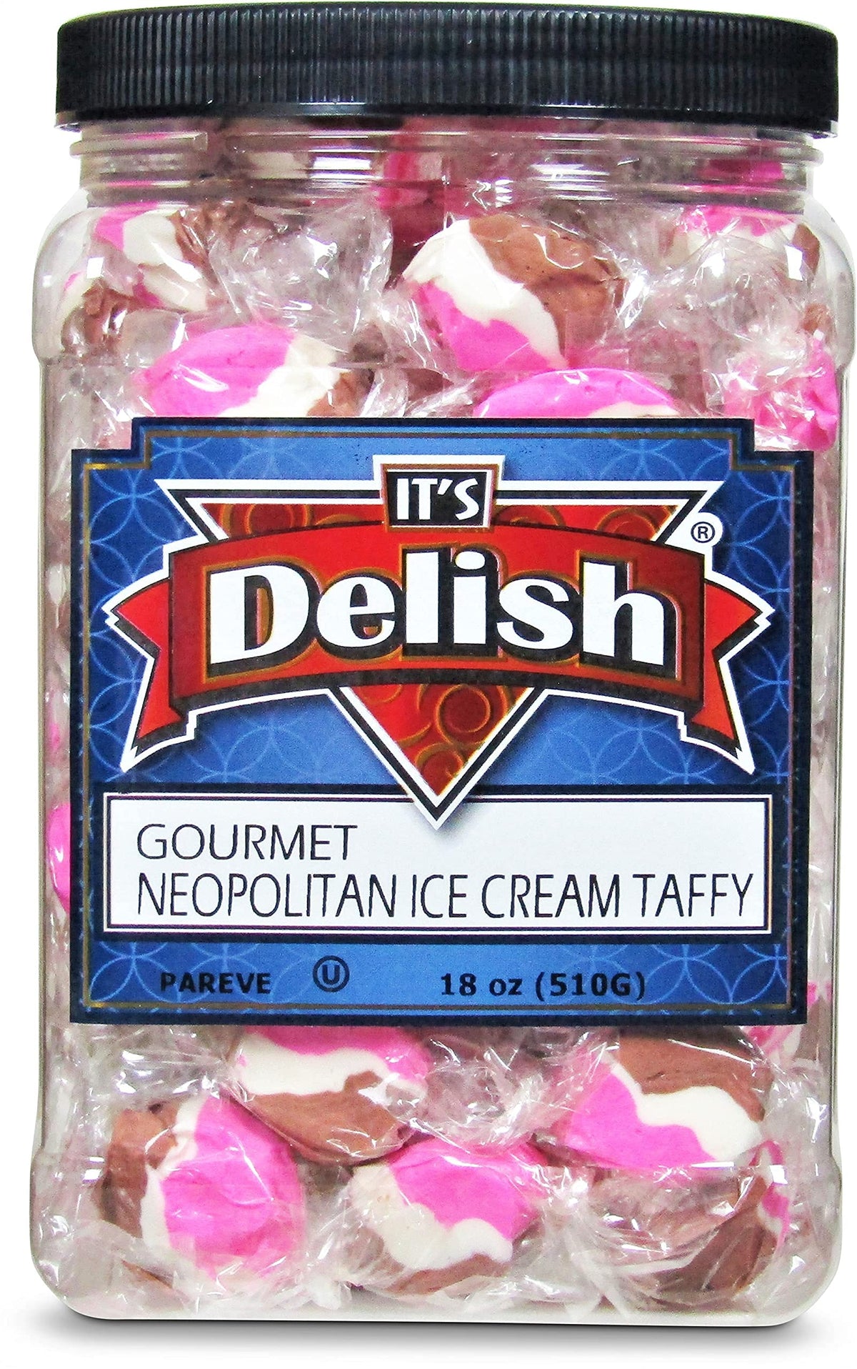Neapolitan Ice Cream Taffy Chews by It's Delish, 18 Oz Jumbo Container - Individually Wrapped Gourmet Soft Fluff Taffy - Great Candy for Pink Ice