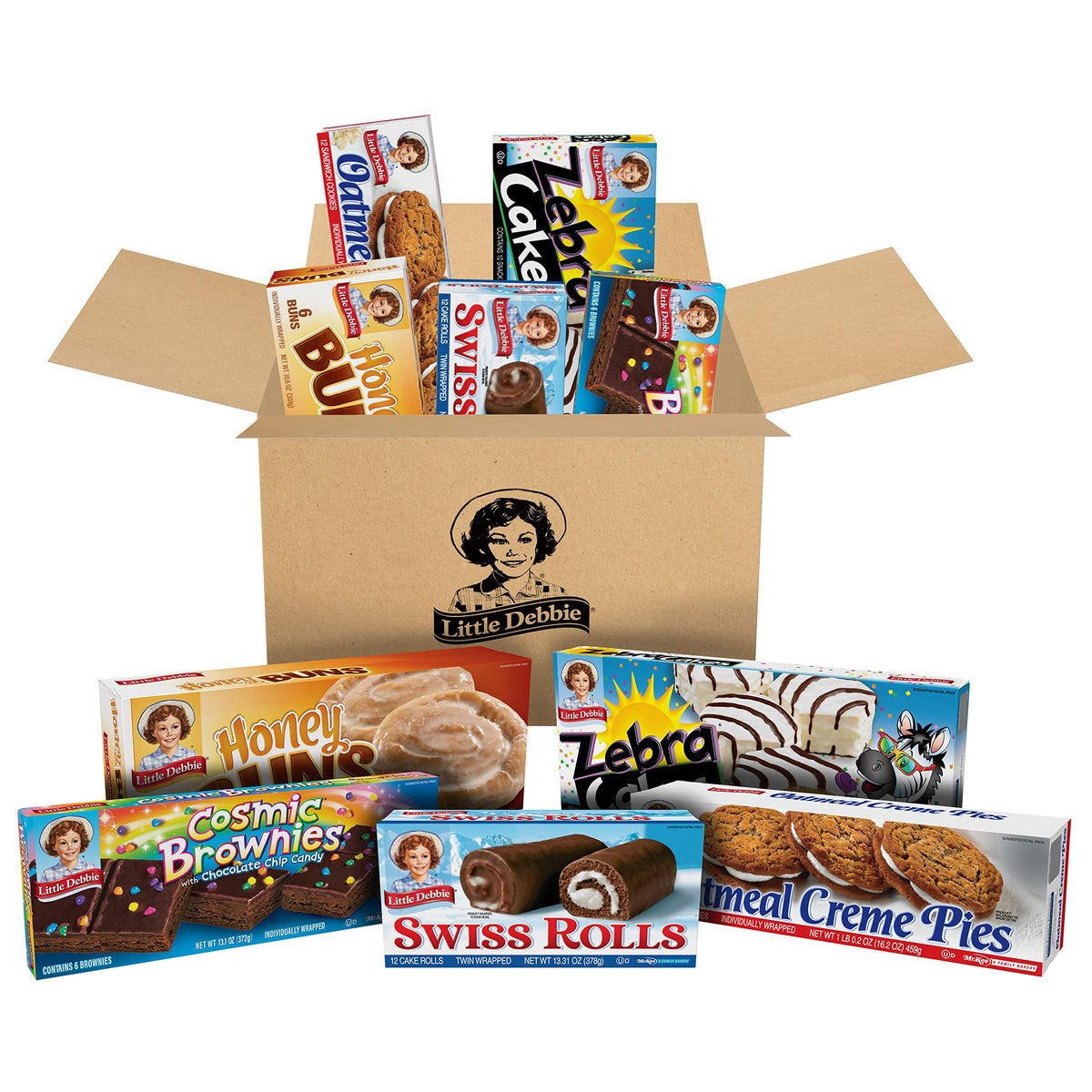 Little Debbie Variety Pack, Zebra Cakes, Cosmic Brownies, Honey Buns, Oatmeal Creme Pies, and Swiss Rolls (1 Box Each), 48 Piece Assortment