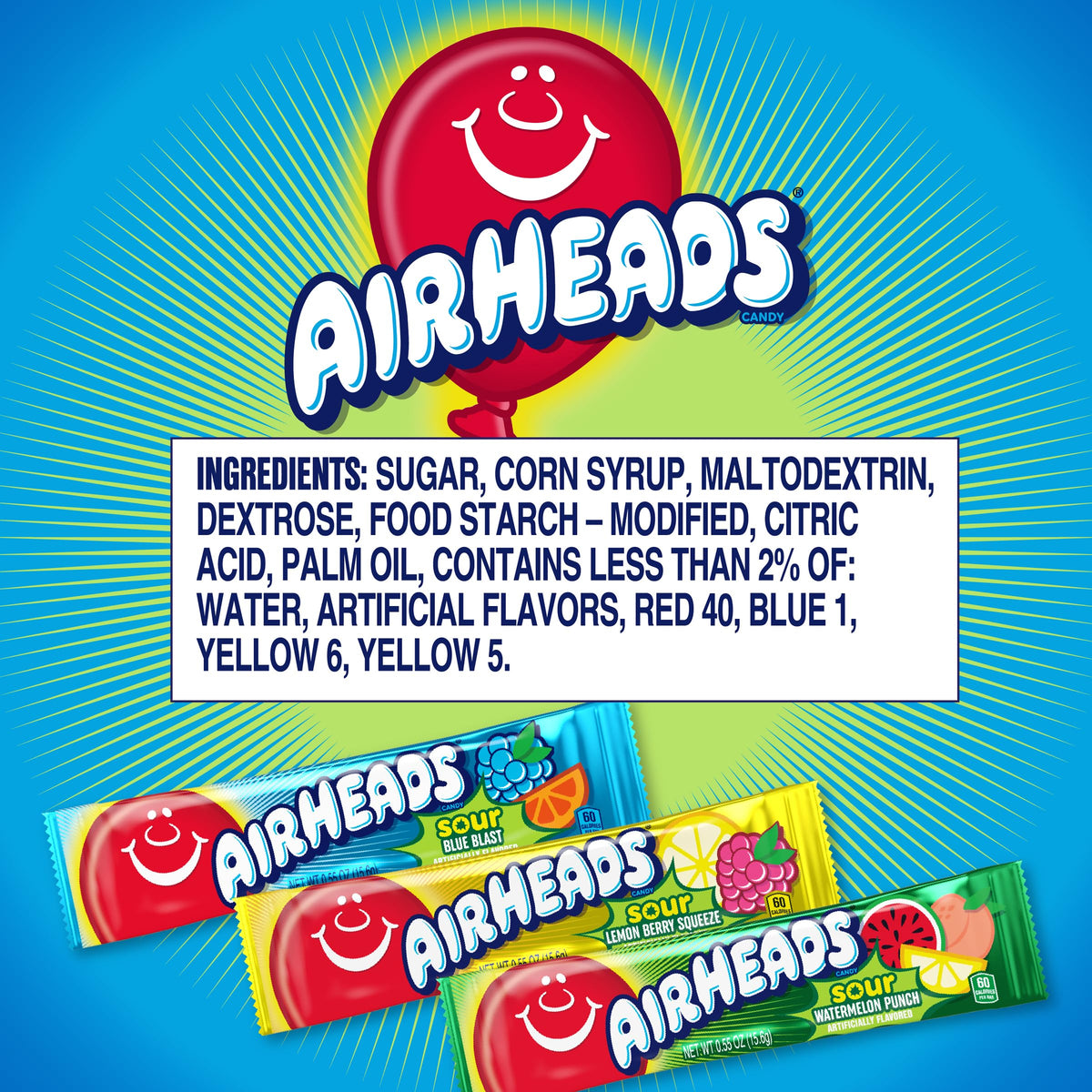 Airheads Mini SOURS Candy Bars, Sour Watermelon Punch, Blue Blast, and Lemon Berry Squeeze 12oz Variety Bag