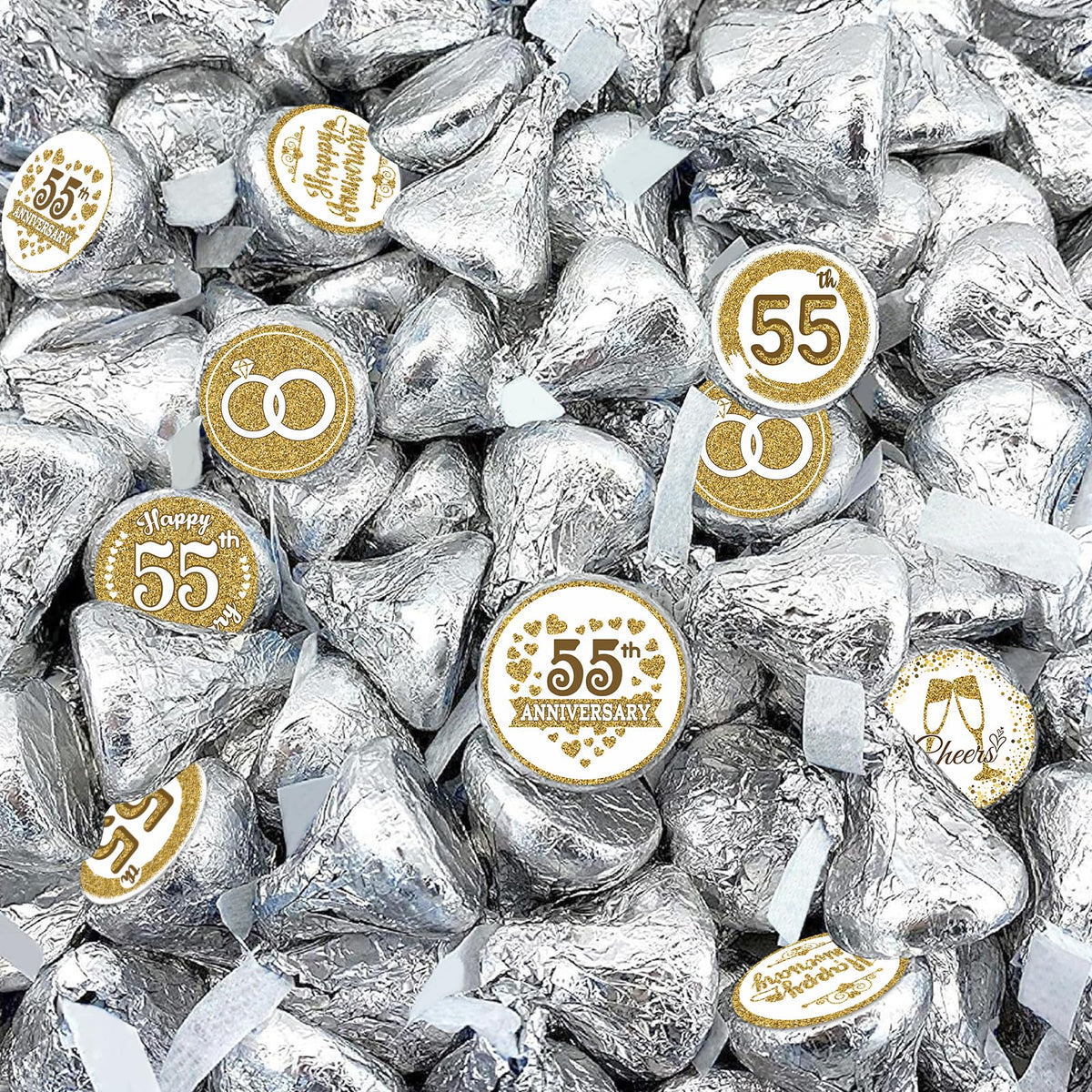 Gold 55th Anniversary Chocolate Kiss Stickers,180 Count, 0.75" Chocolate Drop Labels for Kisses, 55th Wedding Anniversary Party Favors Labels