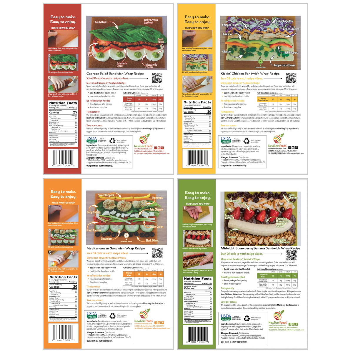 Tomato, Carrot, Apple & Mango Sandwich Wraps (Four-Pack Variety) - Vegan, Gluten-Free, Low-Carb, Plant-Based Tortilla Alternatives - Non-GMO