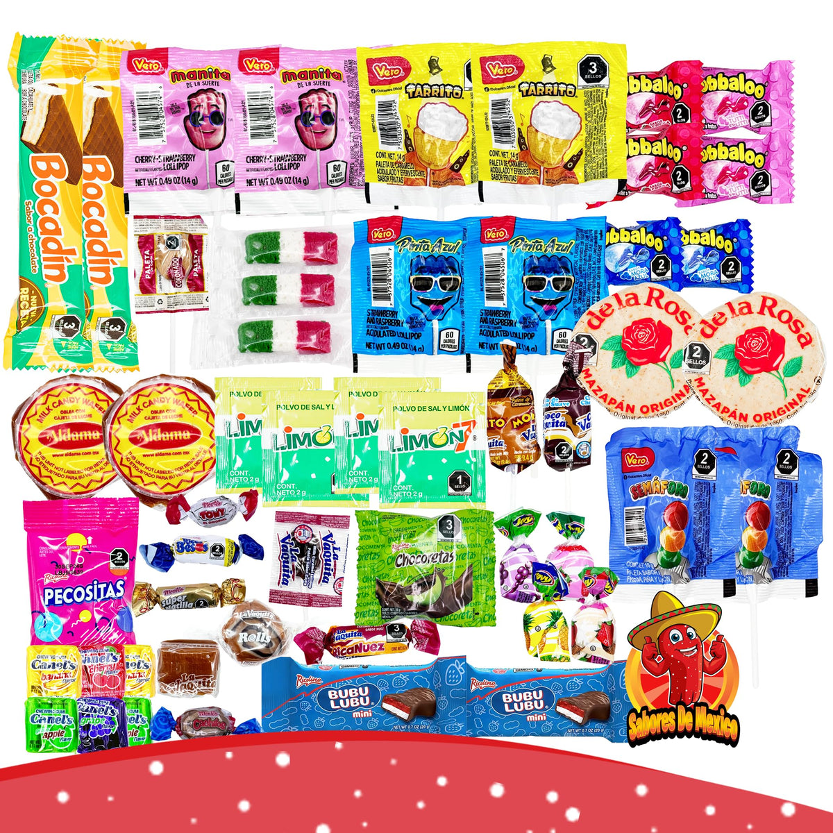 Mexican Candy Variety Pack (50 Count) Non-Spicy, Dulces Mexicanos, Mexican Snacks, with Obleas, Bubulubu, Vero Candy, Mazapan, by Sabores de Mexico