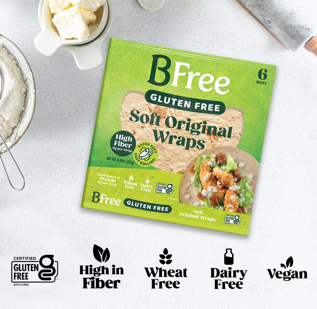 BFree Gluten Free Soft Original Wraps, Super Soft Easy Rolling Tortilla Wraps, High Fiber & Protein Vegan Dairy Free Wheat Free Keto Kosher Flatbread