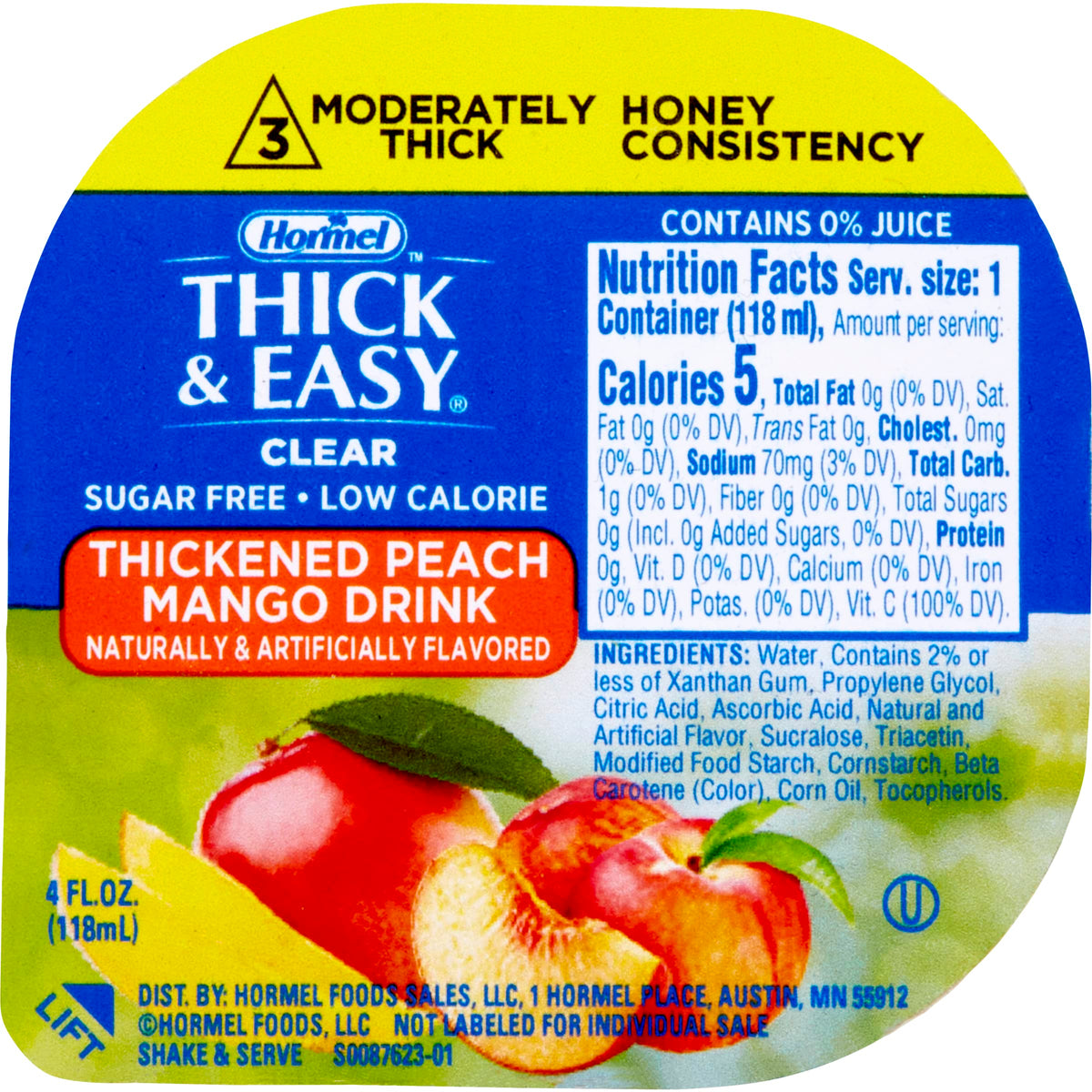 Hormel Healthlabs Thick and Easy Thickened Honey Consistency Clear Peach Mango Drink, 4 Ounce - 24 per case.
