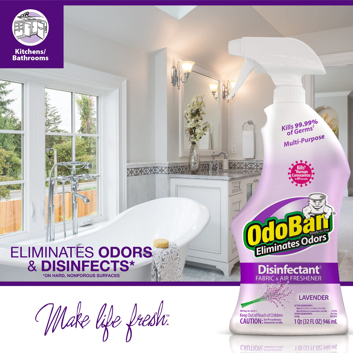 OdoBan Ready-to-Use Disinfectant and Odor Eliminator, Set of 12 Spray Bottles, 32 Ounces Each, Lavender Scent