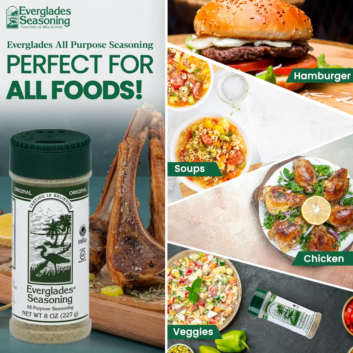 Everglades All Purpose Seasoning 8 oz - Authentic Southern Herb & Spice Blend, All Natural, Sugar Free, Zero Calorie - Seasoning for Chicken, Beef