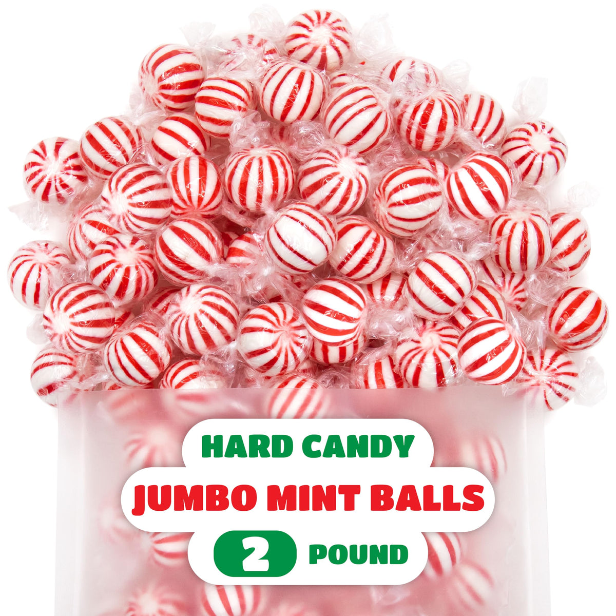 Jumbo Mint Balls - 2 Pound Bulk Pack - 90 Count - Peppermint Hard Candy Individually Wrapped - Classic Peppermint Candy for Jars, Gifting, and Holiday
