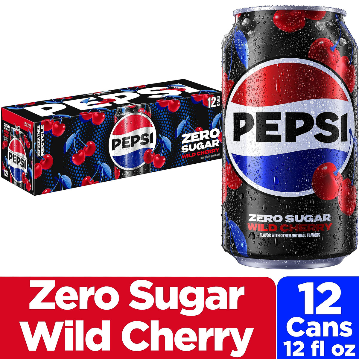 Pepsi Zero Sugar Cola Soda, Wild Cherry, 12 Fl Oz Cans (Pack of 12)