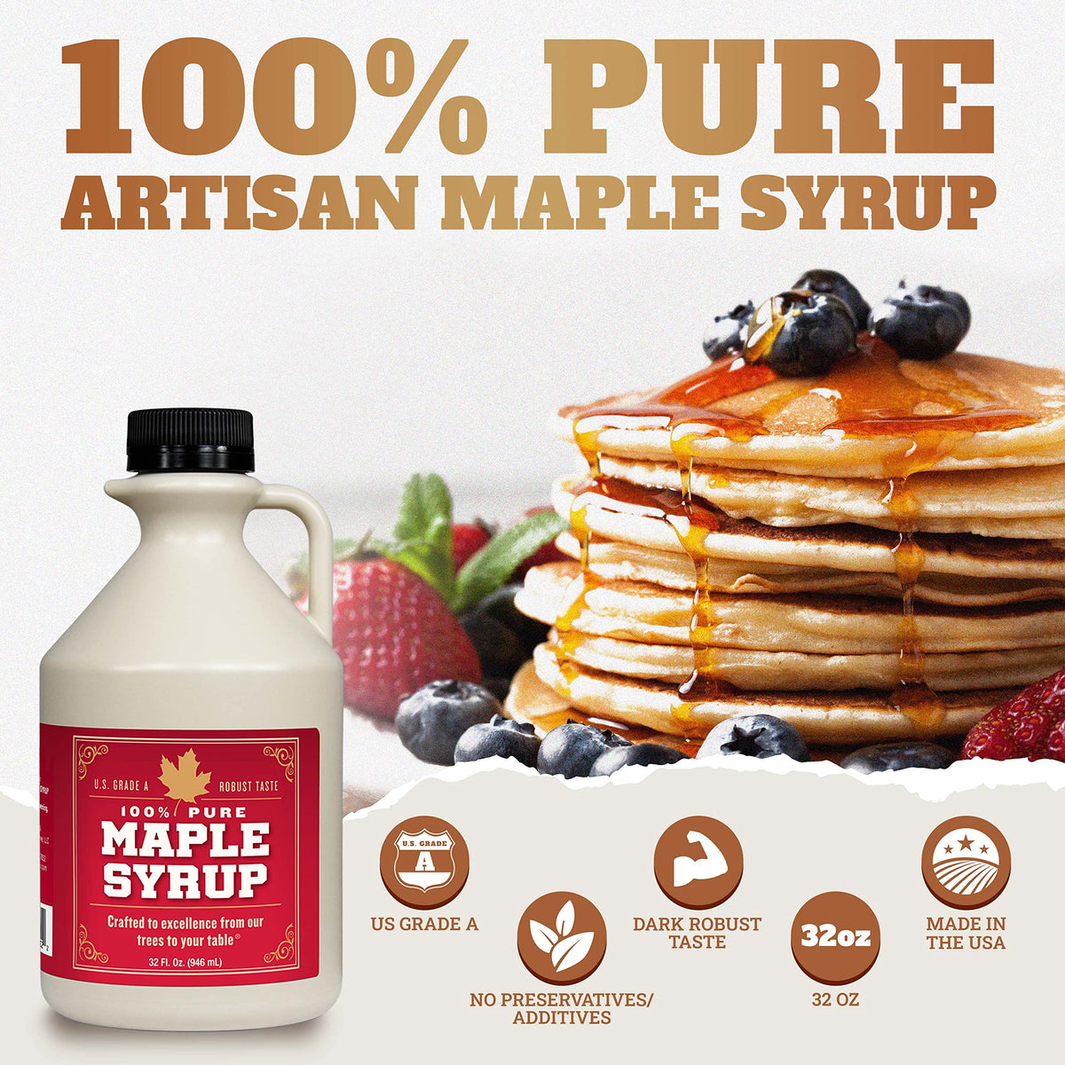 Grade B Maple Syrup 32 Oz Jug - 100% Pure Maple Syrup (Now Grade A Dark) Bold, Robust Flavor - Artisan Maple Syrup Gift - USA-Made Breakfast Syrups