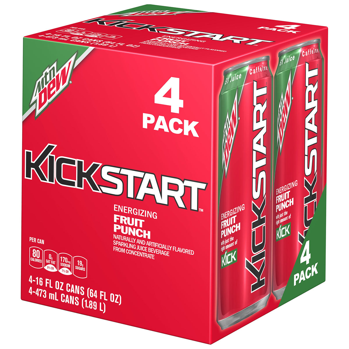 Mountain Dew Kickstart Sparkling Juice Beverage, Fruit Punch, 16 Ounce (Pack of 4)