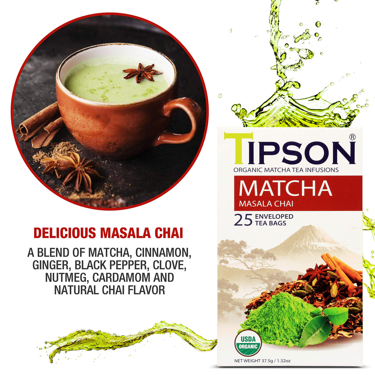 Tipson Organic Matcha Tea Infusions - Matcha Masala Chai - Non GMO and Gluten Free - 25 Premium Tea Bags (Pack of 1)