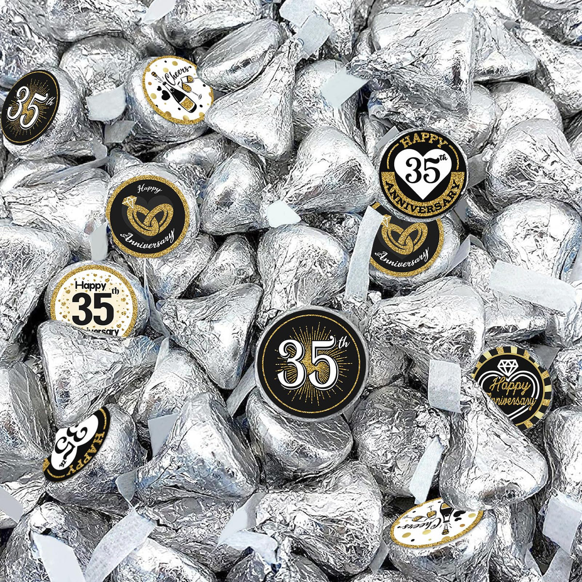Black and Gold 35th Anniversary Kisses Stickers, 180 Count 0.75" Round Candy Labels, Chocolate Favor Stickers for 35th Wedding Anniversary Party
