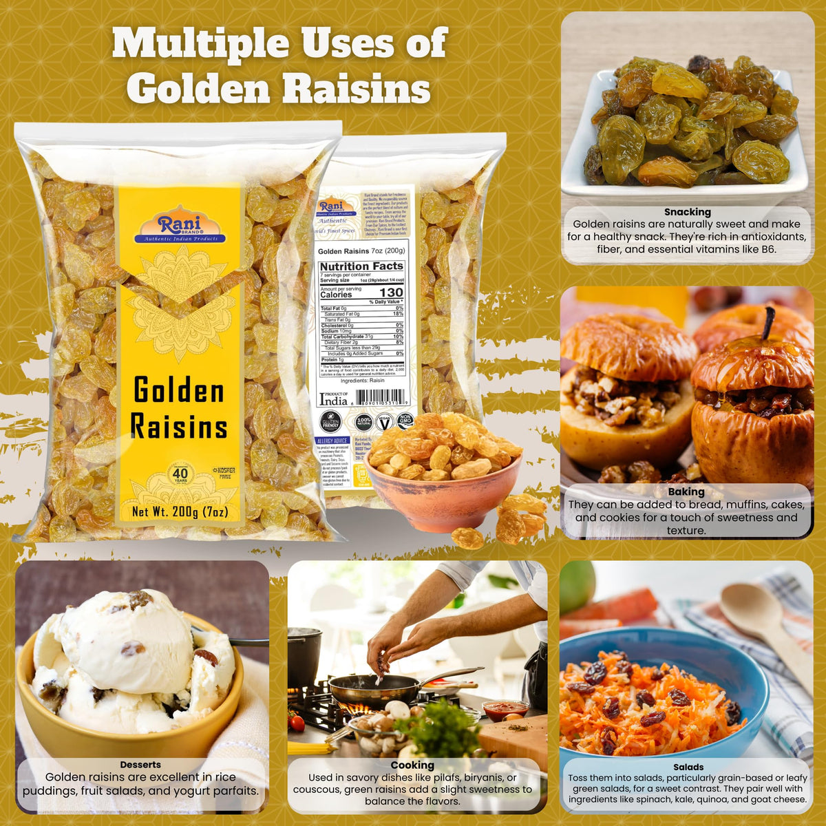 Rani Golden Raisins 7oz (200g) ~ All Natural | Gluten Friendly | NON-GMO | Kosher | Vegan | Product of USA