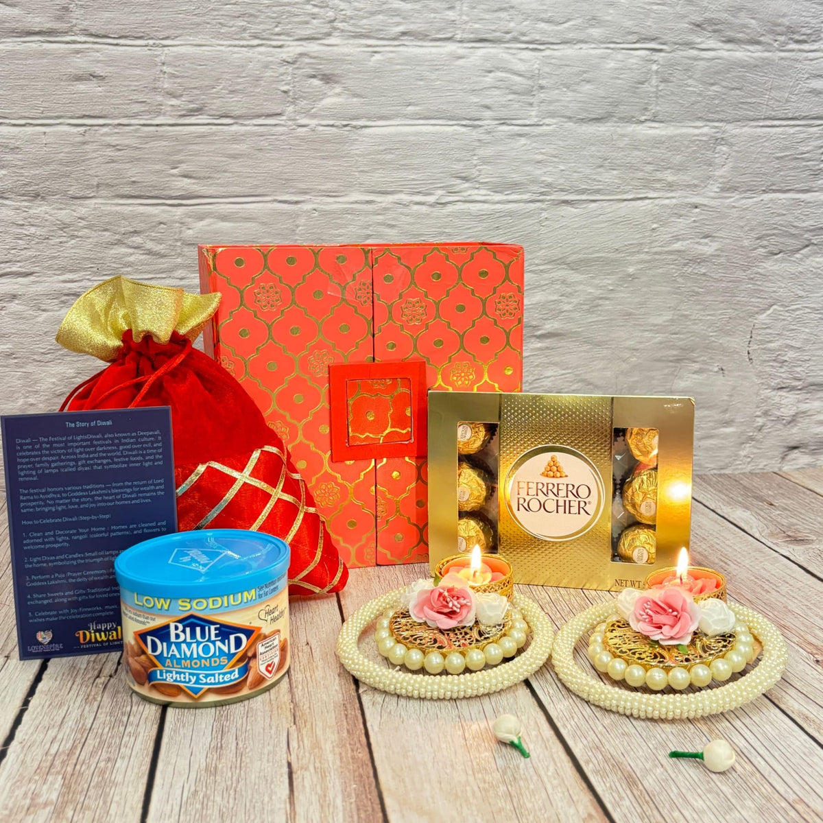 LoveNspire Diwali Gift Hamper Indian Festival Premium Deepawali Return Gift Box with Potli Bag Elephant Statue Pearl Candle Holder Chocolates
