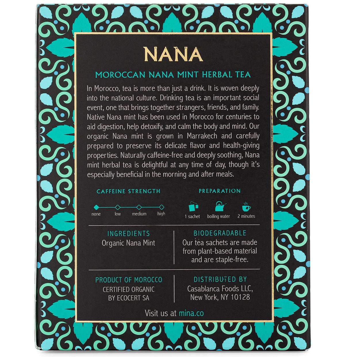 Mina Nana Organic Moroccan Mint Herbal Tea, 15 Biodegradable Sachets - Refreshing Moroccan Mint Tea Bags, Herbal Tea, Caffeine-Free Tea Bags