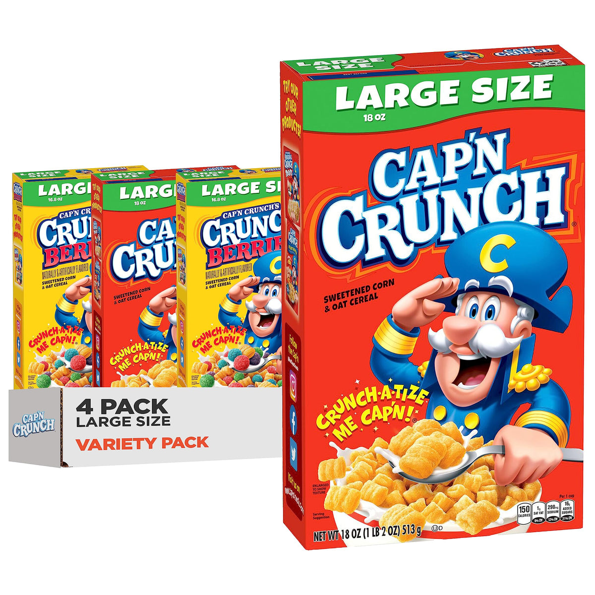 Cap'n Crunch Cereal, Original & Crunch Berries Variety Pack, Large Size Boxes, (4 Pack)