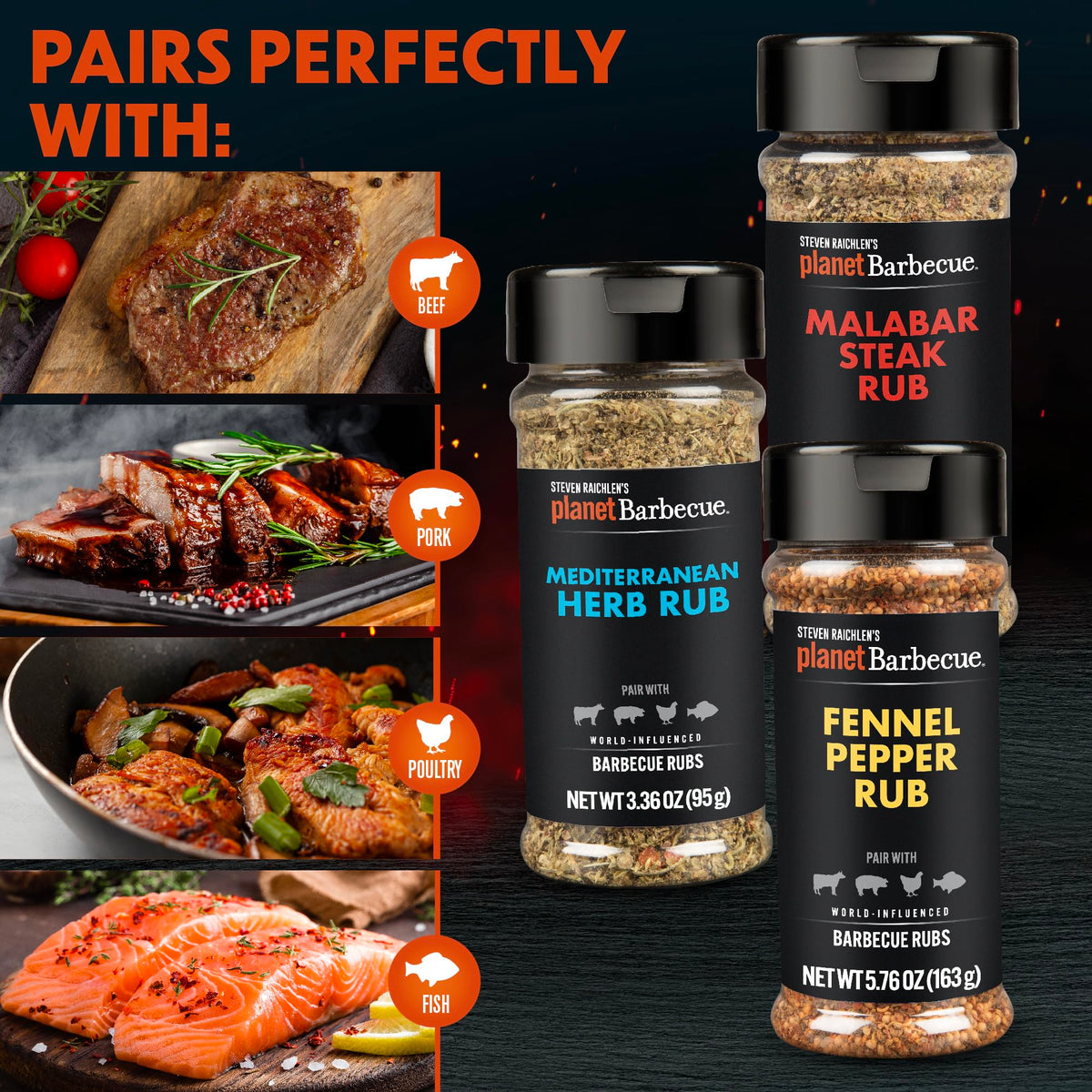 Steven Raichlen's Planet Barbecue Gourmet BBQ Rubs & Spices Gift Box 3 Pack- Grill Seasonings Set with International Flavors- Summer Cookout Essential