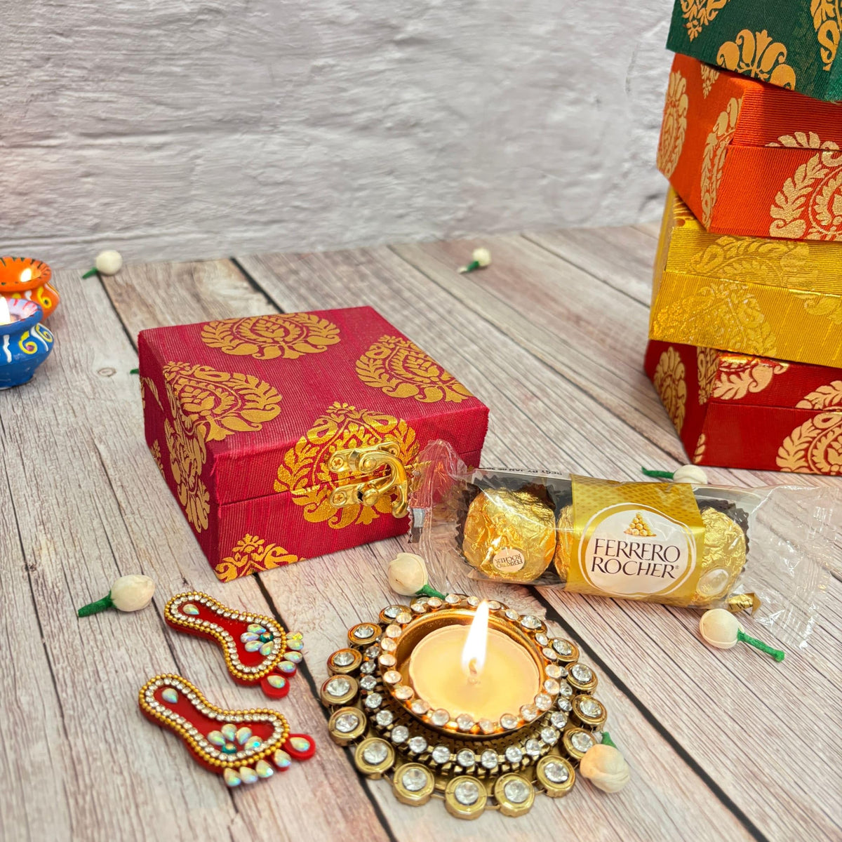 LoveNspire Premium Diwali Gift Hamper with Candle Holder, Lakshmi Feet, Chocolates - Navratri Corporate Gifts Candle Holder Laxmi Feet Chocolates/Pack