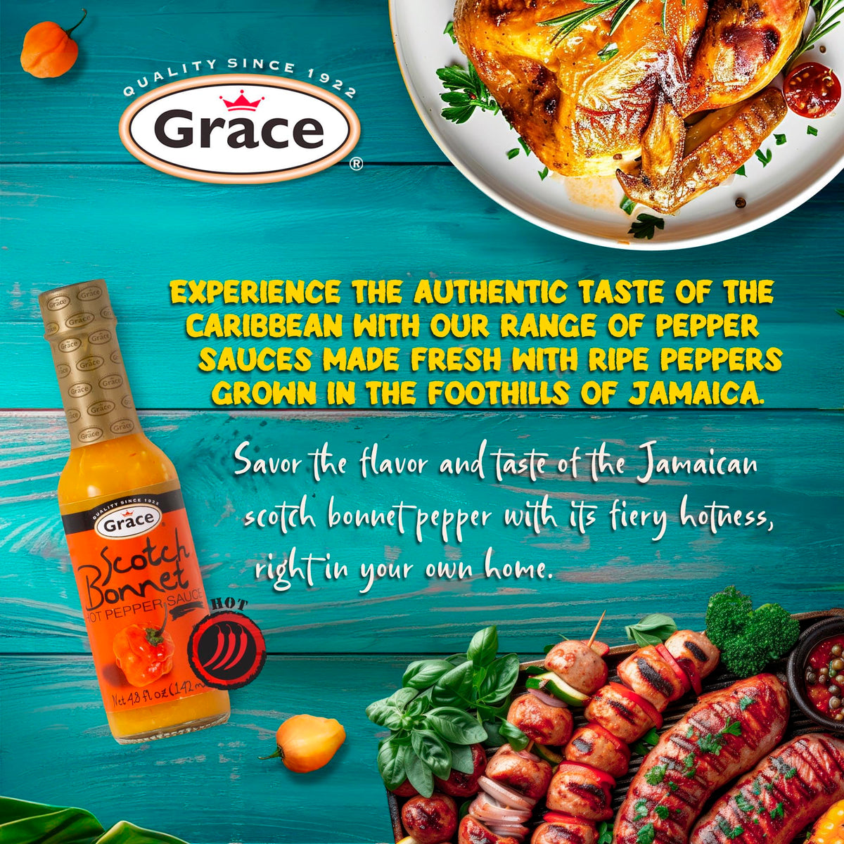 Grace Yellow Scotch Bonnet Hot Pepper Sauce 4.8oz - 2 Pack - Authentic Caribbean Hot Sauce - Jamaican Scotch Bonnet Pepper Sauce