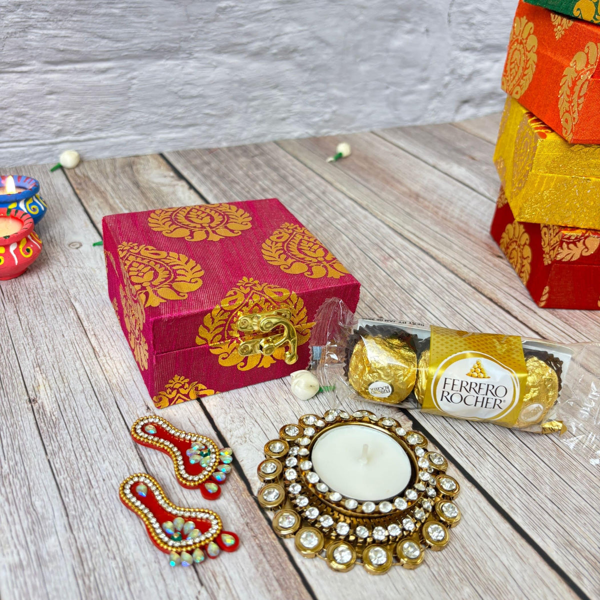 LoveNspire Premium Diwali Gift Hamper with Candle Holder, Lakshmi Feet, Chocolates - Navratri Corporate Gifts Candle Holder Laxmi Feet Chocolates/Pack