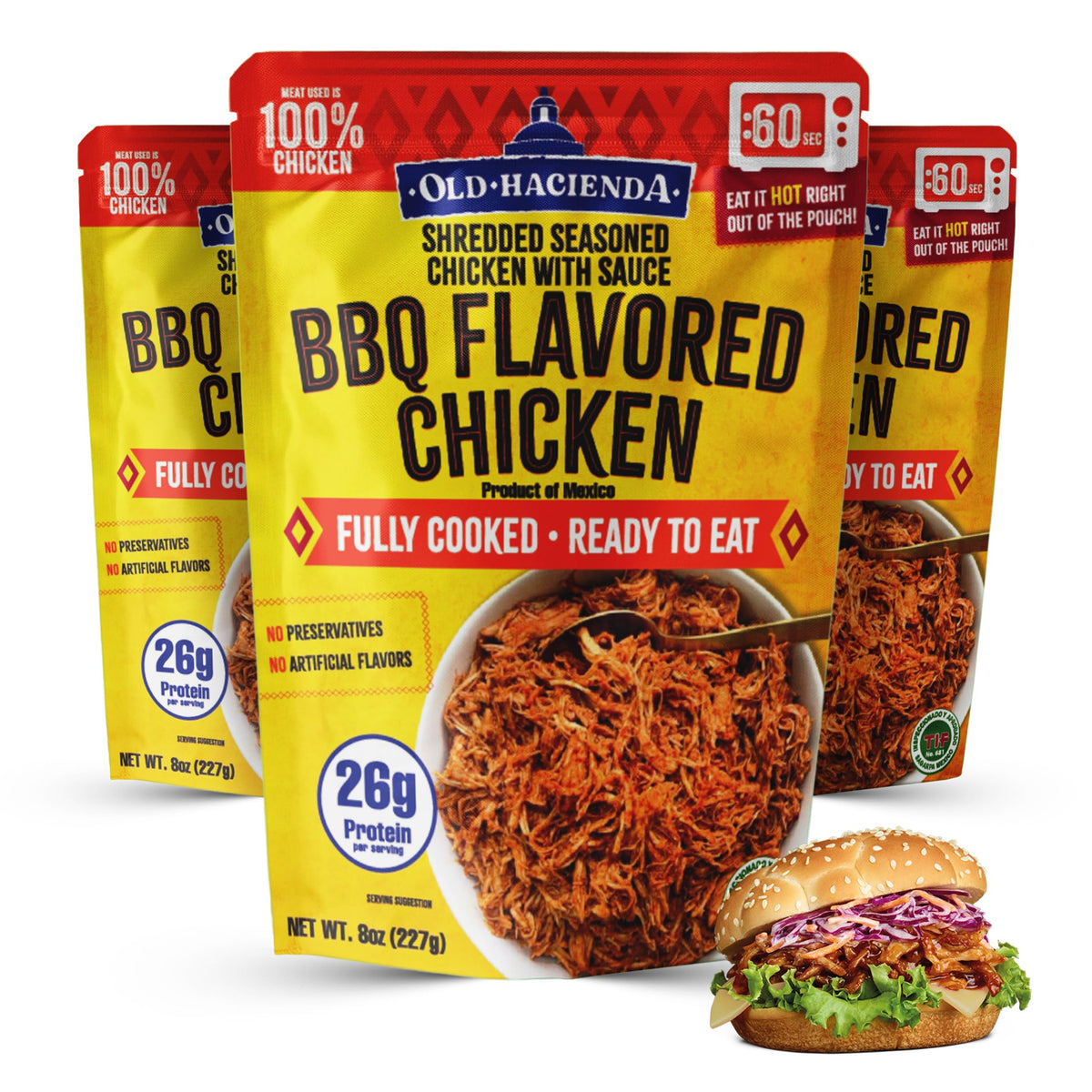 Old Hacienda BBQ Flavored Chicken | 100% Shredded Seasoned Chicken with Sauce | Fully Cooked & Ready to Eat | 26g Protein | No Preservatives or