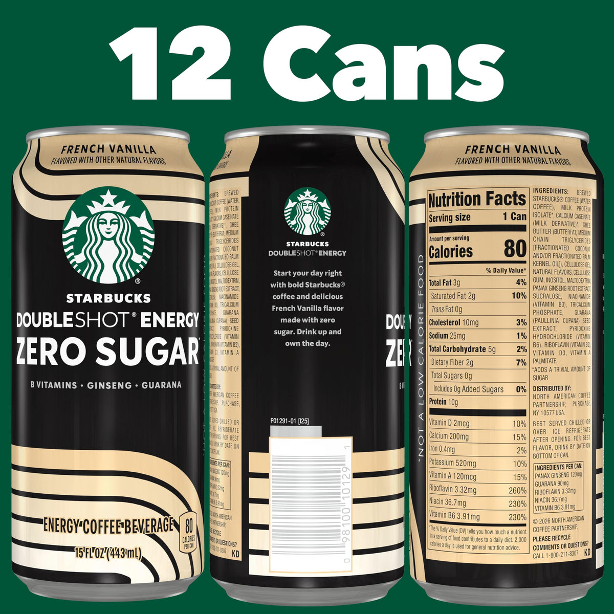 Starbucks Doubleshot Zero Sugar Coffee Energy Drink, French Vanilla, 15 fl oz Cans, (12 Pack), Zero Sugar, B Vitamins, Ginseng, Guarana, Iced Coffee