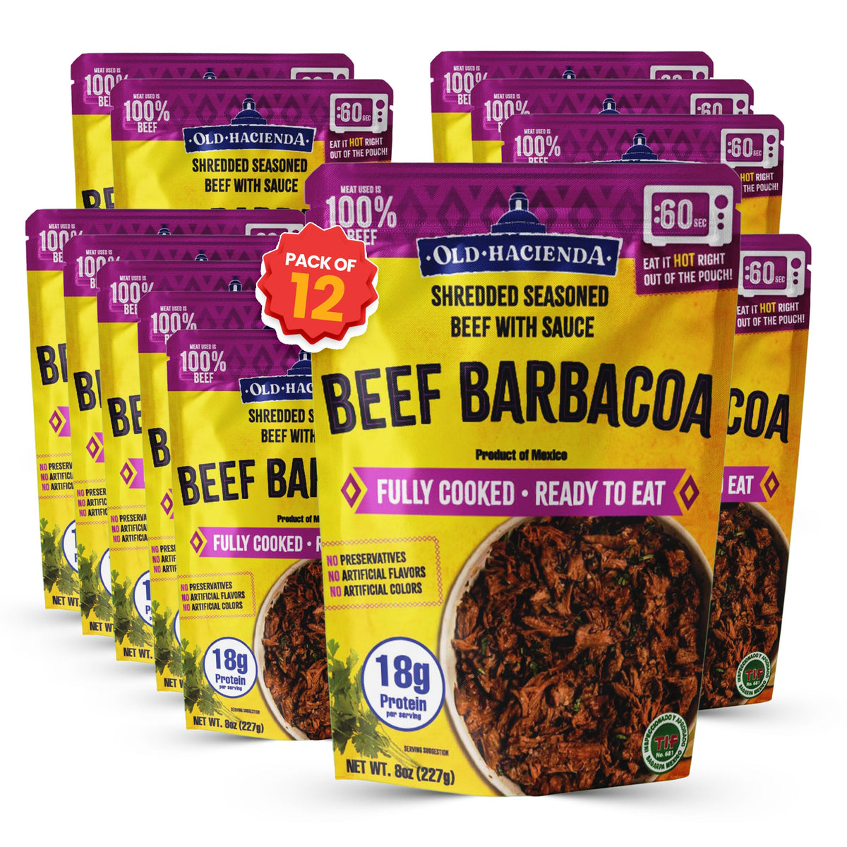 Old Hacienda Beef Barbacoa | 100% Shredded Seasoned Beef with Sauce | Fully Cooked & Ready to Eat | 18g Protein | No Preservatives, Artificial Flavors