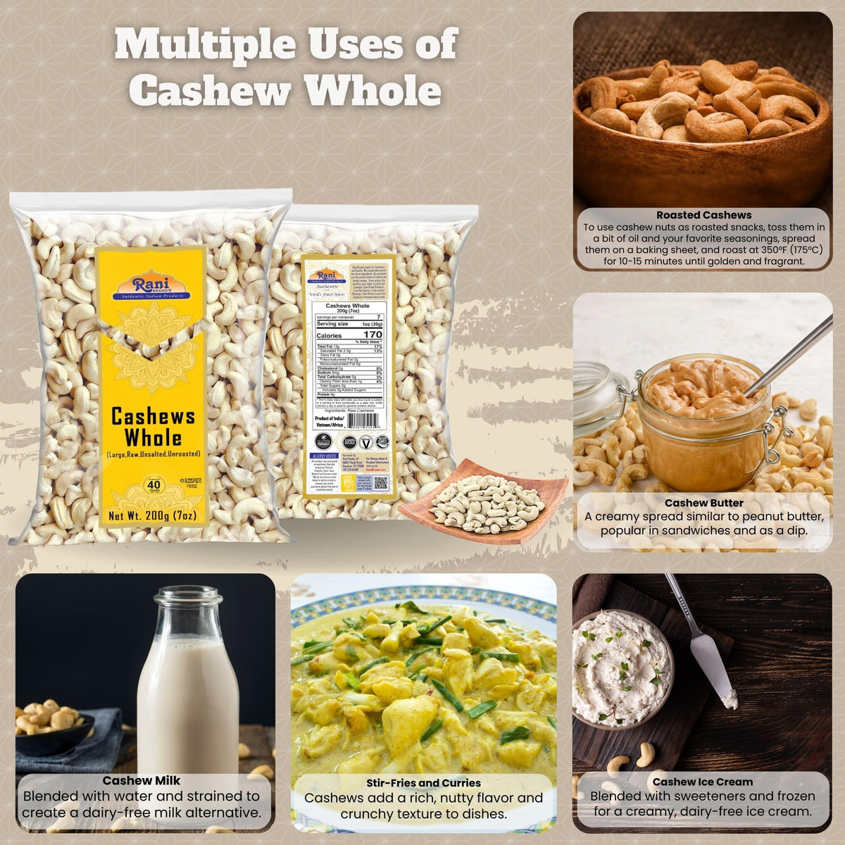 Rani Raw Cashews Whole (uncooked, unsalted) 7oz (200g) ~ All Natural, No Preservatives | Vegan | NON-GMO | Kosher | Gluten Friendly