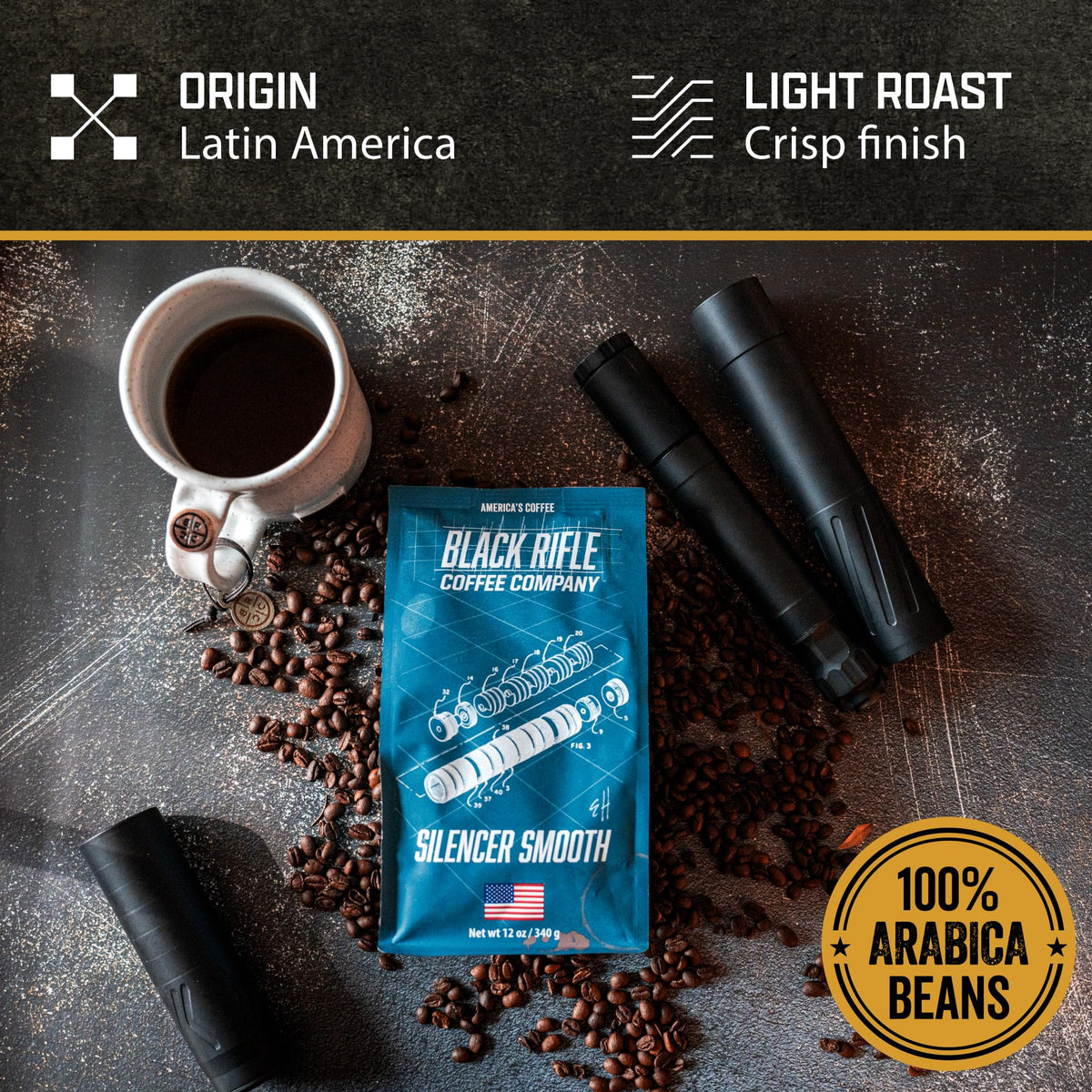 Black Rifle Coffee Company Silencer Smooth, 12oz Bag, Whole Bean Light Roast - Roasted Blend Made from Arabica Beans - Colombian & Brazilian Beans