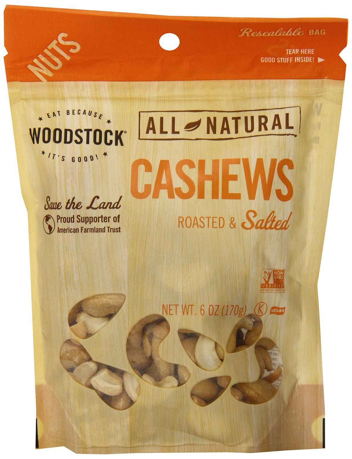 Woodstock Natural Whole Cashews, Roasted and Salted, 6 Ounce