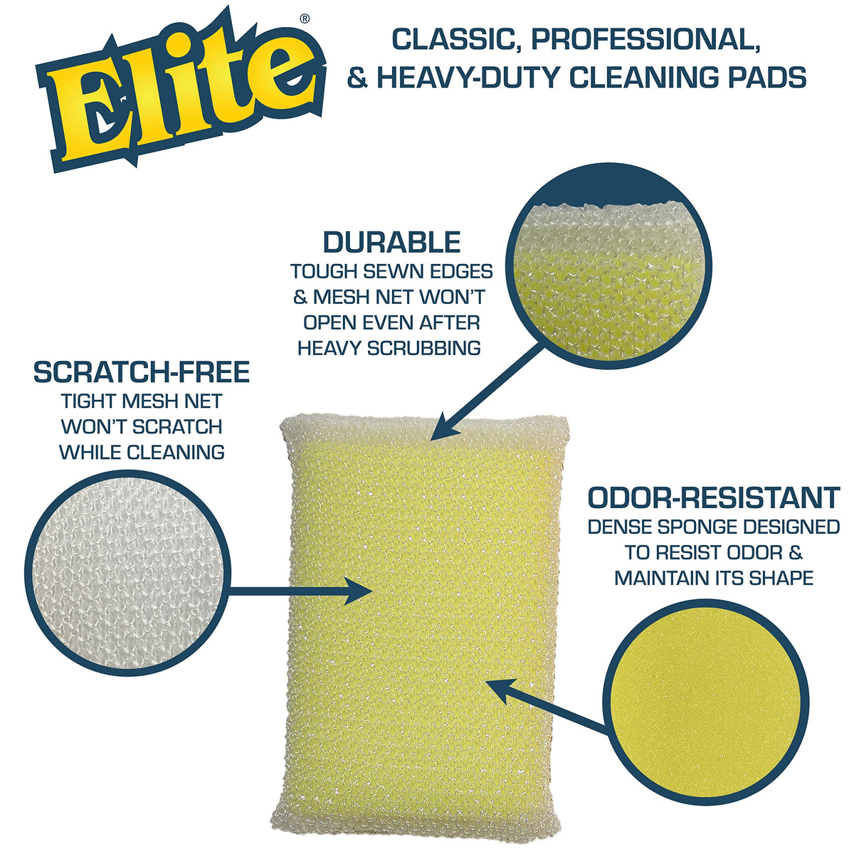 Elite PRO All Purpose Cleaning Pad, 6 Pack, Non Scratch, Dish Sponge, Scrubber, Made in USA. Large Thin Sponge for Kitchen and Household Use. Flexible