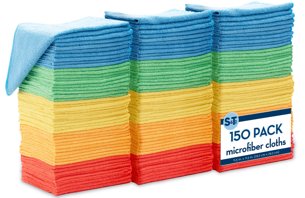 S&T INC. 150 Pack Microfiber Cleaning Cloth, Bulk Towels for Home, Reusable Microfiber Towels for Cars, Cleaning Rags, Assorted, 11.5 Inches x 11.5