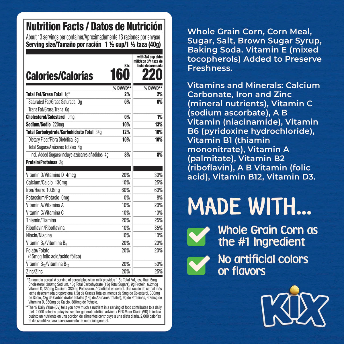 Kix Whole Grain Breakfast Cereal, Crispy Corn Cereal Puffs, Family Size, 18 oz