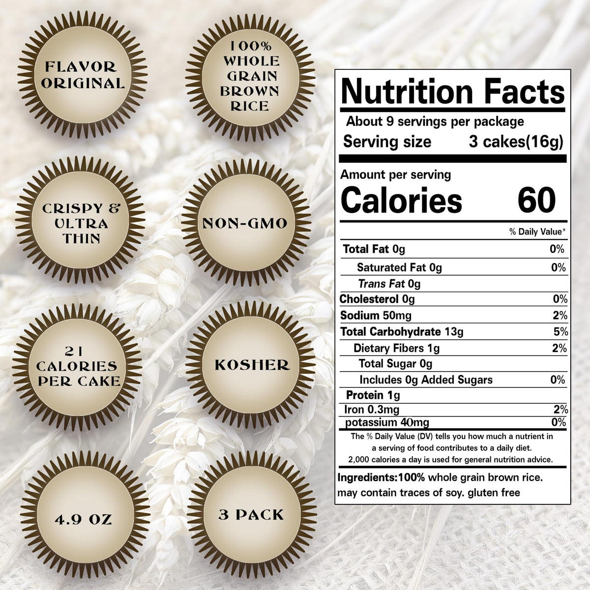 Ultra Thin Rice Cakes - Whole Grain Brown Rice Cakes Salted - Fat Free, Non GMO, Gluten Free Rice Cakes - Low Calorie Snacks - All Natural - 3 Pk
