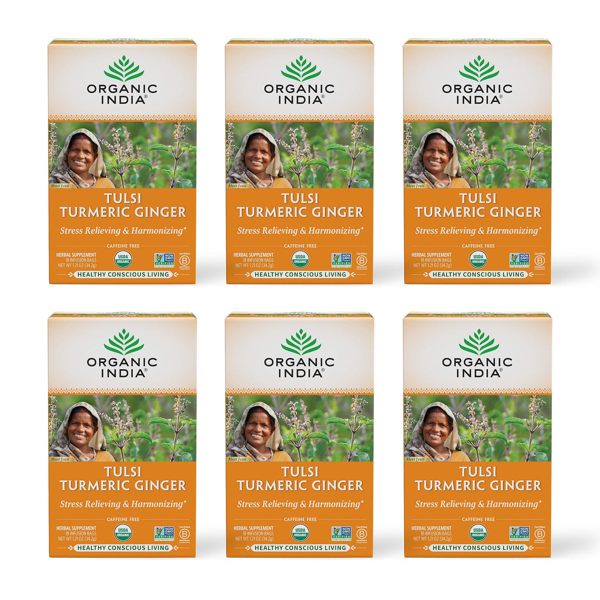 ORGANIC INDIA Tulsi Turmeric Ginger Herbal Tea - Stress Relieving & Harmonizing, Immune Support, Aids Digestion, Vegan, Caffeine-Free - 18 Infusion