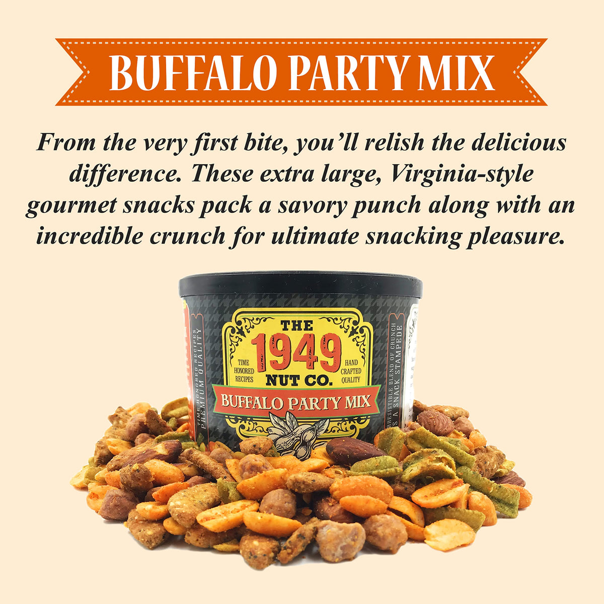 The 1949 Nut Co. Buffalo Party Mix | Assorted Flavored Fried Peanuts, Everything Sticks, Guacamole Bites, and Smoked Almonds Extra-Large, Hand-Cooked