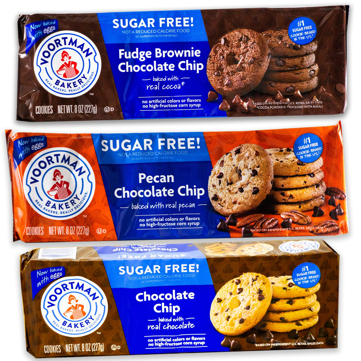 Voortman Sugar Free Cookies - Variety Pack - Chocolate Chip (1, 8oz pack) - Fudge Brownie Chocolate Chip (1, 8oz pack) - Pecan Chocolate Chip (1, 8oz