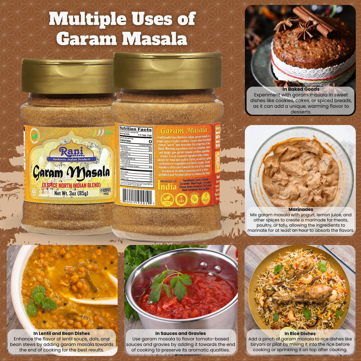 Rani Garam Masala Indian 11-Spice Blend 3oz (85g) PET Jar ~ All Natural, Salt-Free | Vegan | No Colors | Gluten Friendly | NON-GMO | Kosher | Indian
