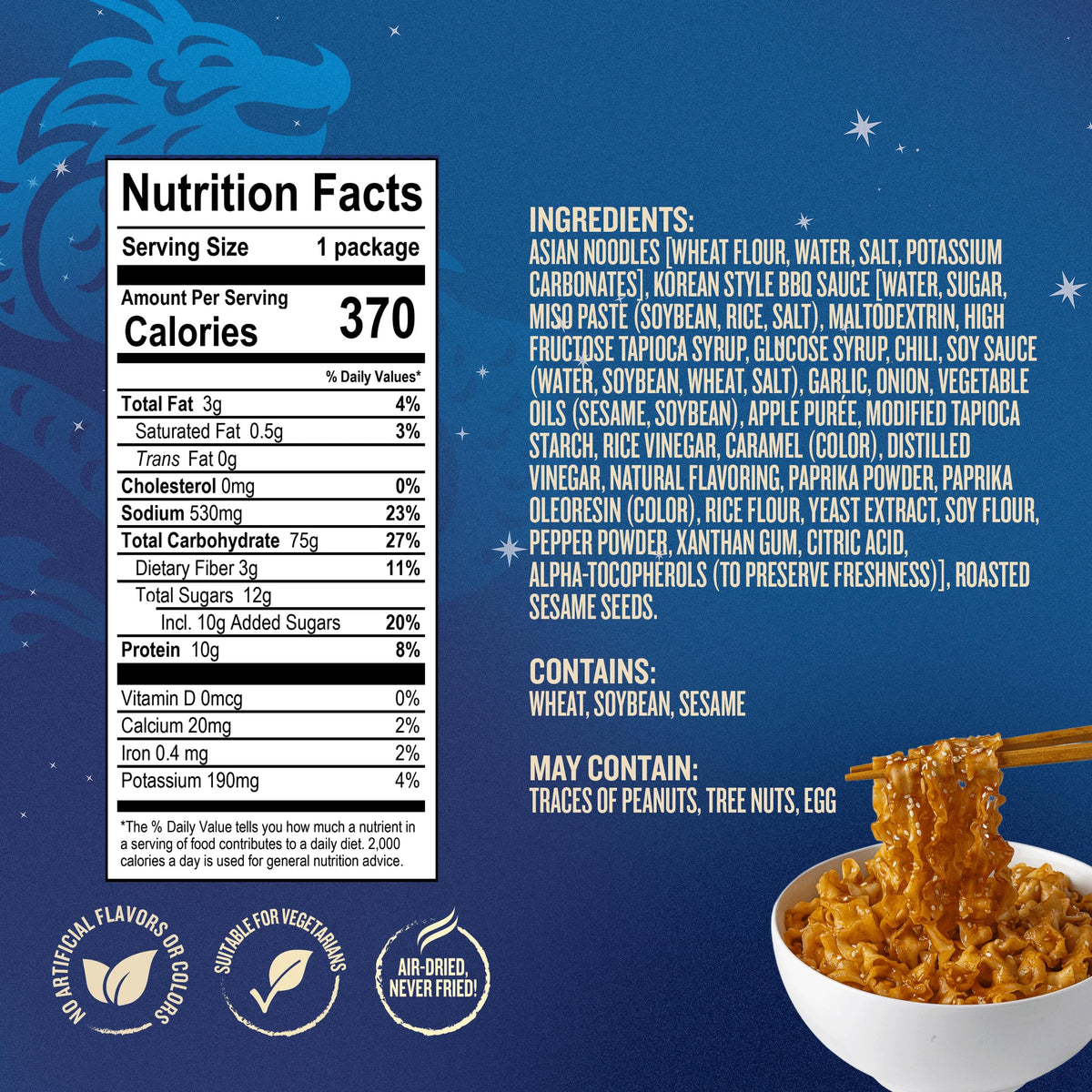 Blue Dragon Korean BBQ Saucy Noodles - 4.2oz (Pack of 3) - Knife Cut Thick Noodles w/Korean BBQ Sauce & Sesame Seed Garnish - Quick & Easy Meal
