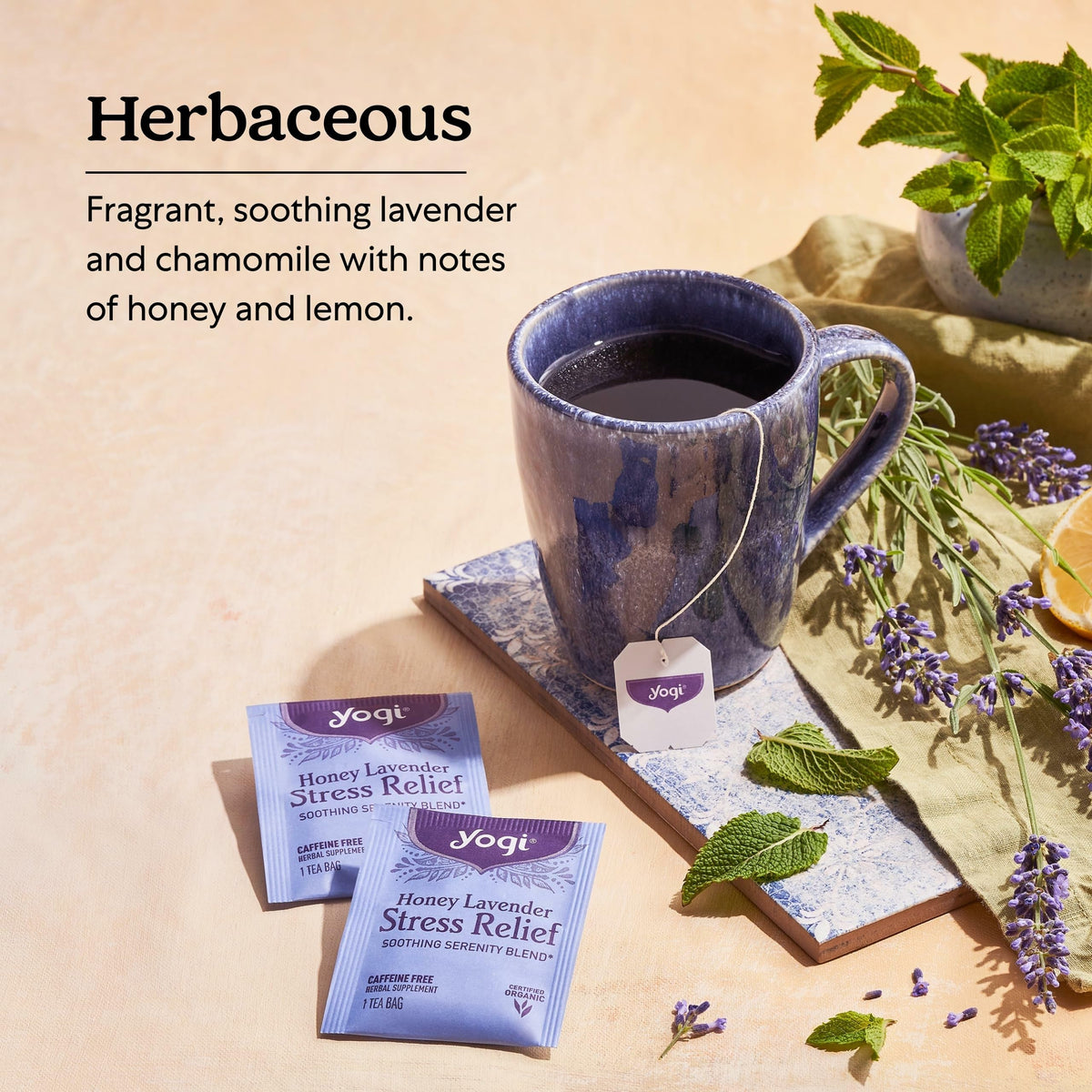 Yogi Tea Honey Lavender Stress Relief - 16 Bags per Pack (4 Packs) - Organic Chamomile Lavender Tea - Includes Lemon Balm, Lemongrass, Spearmint Leaf