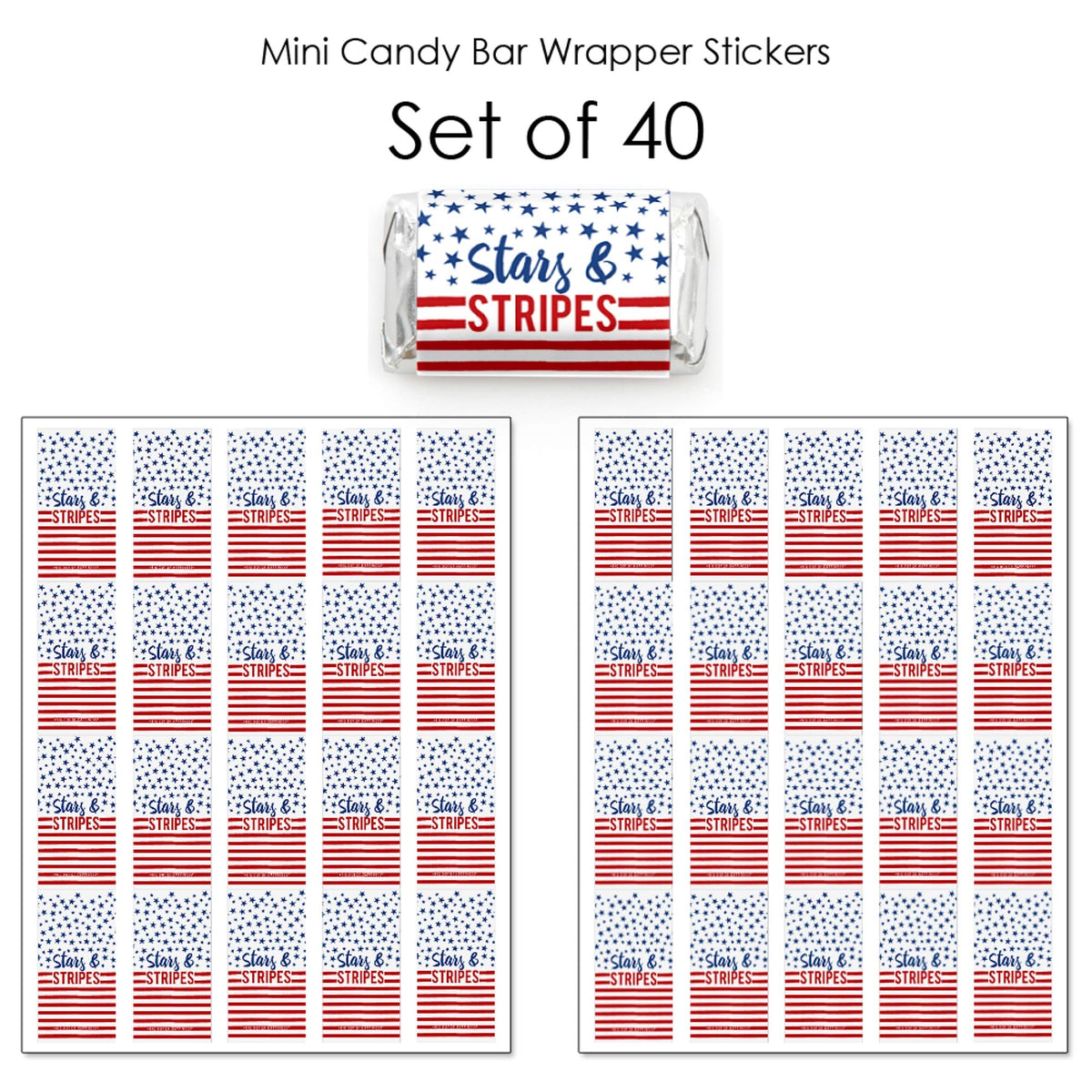 Stars and Stripes - 4th of July Mini Candy Bar Wrapper Stickers - 40pc
