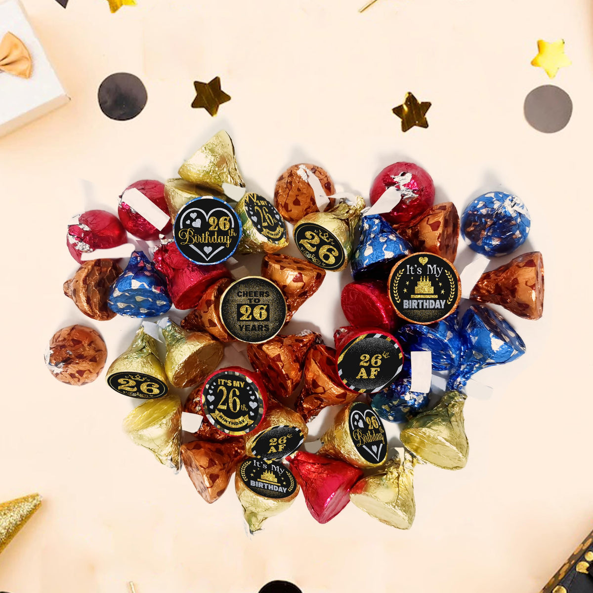 26 Years Old Round Candy Sticker - 26th Birthday Party Decor-Black Gold - Round Candy Sticker Party Favors - Labels Fit Chocolate Candy.5 Sheet of 150