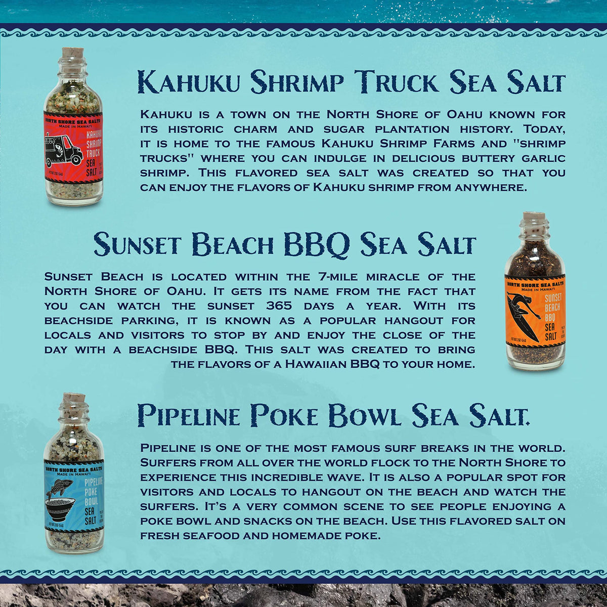 Sea Salts of Hawaii North Shore Sea Salts Variety Pack, 3-2oz. Bottles of Sea Salt - Pipeline Poke, Sunset Beach BBQ, Kahuku Shrimp - Made in Hawaii