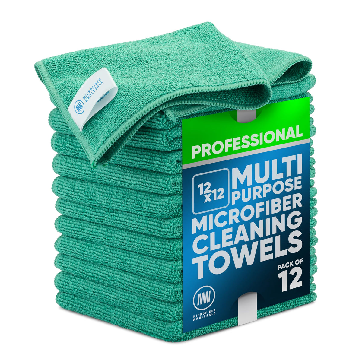 MW PRO Microfiber Cleaning Cloths (12 Pack, 12"x12", Green) - Commercial Grade Housekeeping Towels & Janitorial Rags - Lint Free & Streak Free