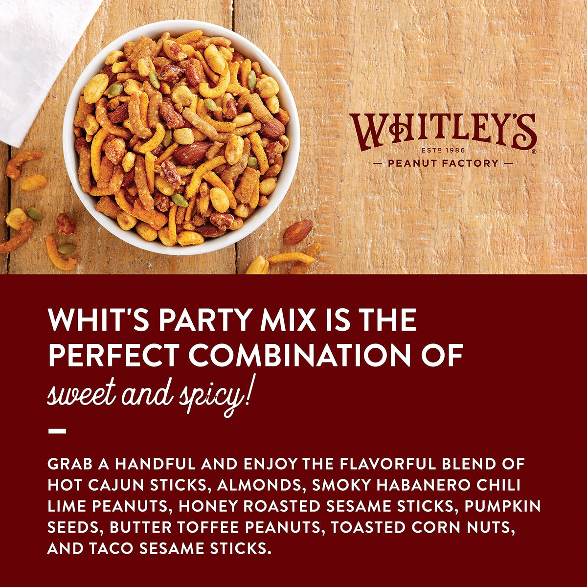 Whitley’s 'Whit's Party Mix' - Sweet & Spicy Snack Mix, Sesame Sticks, Corn Nuts, Cajun Sticks & Nuts (18 Ounce Tin)