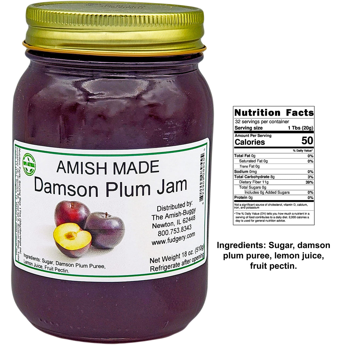 Amish Damson Plum Jam - Two 18 Oz Jars